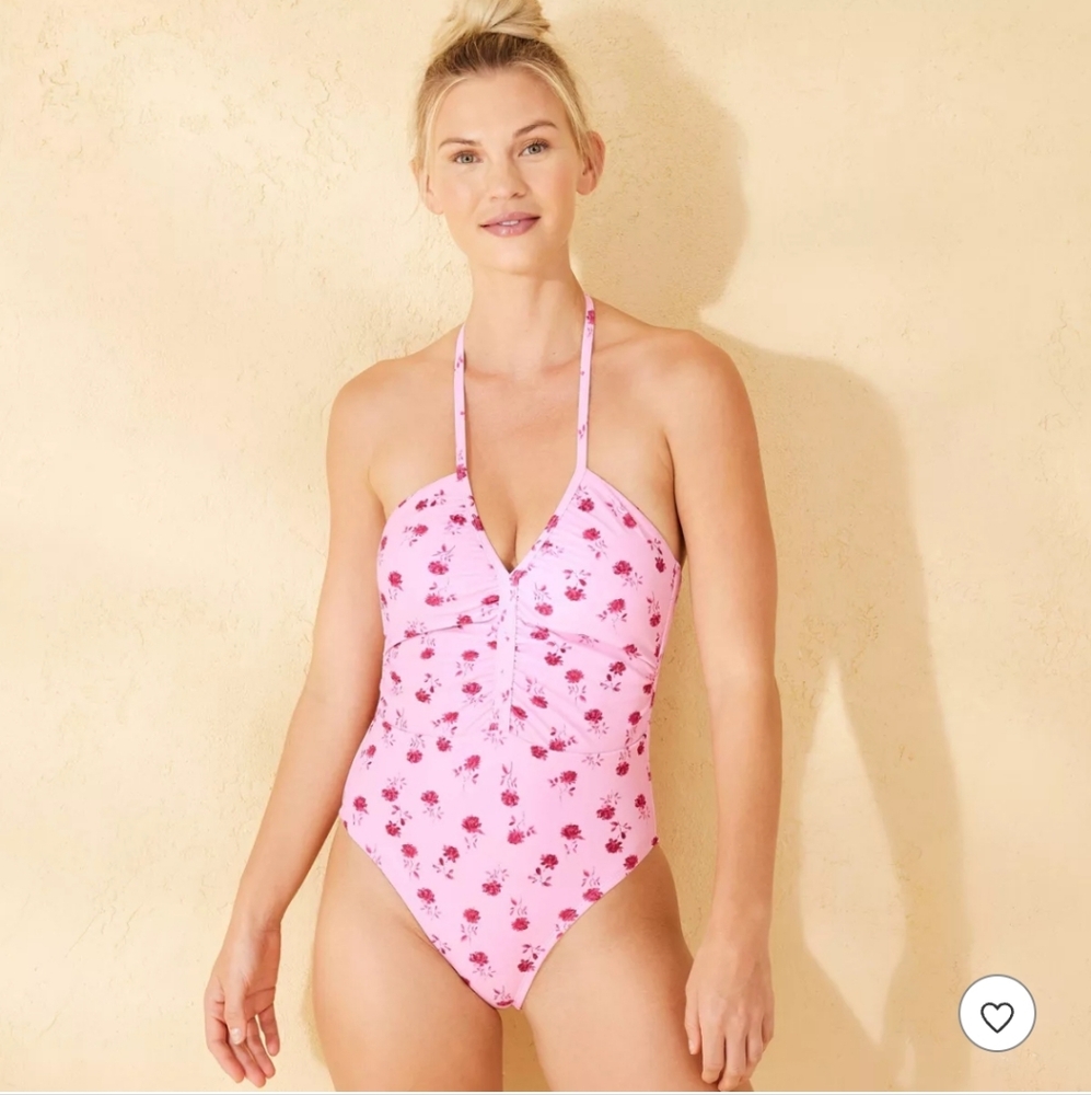 Shade & Shore Long Torso Halter Shirred Plunge Neck Medium Coverage One Piece